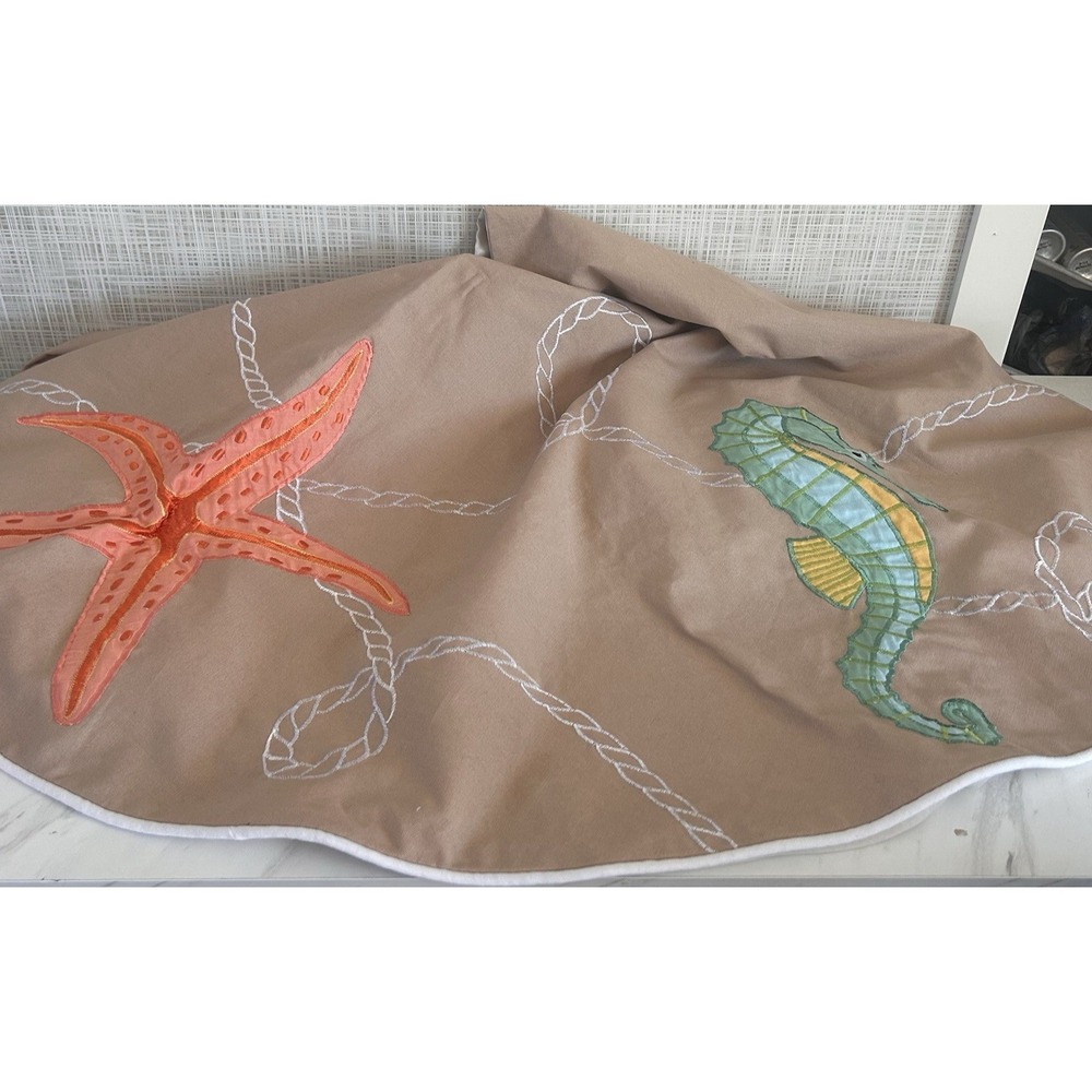 Nautical Christmas Tree Skirt Sanddollar Starfish Seahorse 54" Linen Cotton BxPP